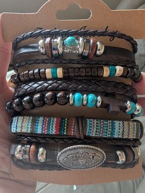 Boho Multi-Layer Brown Leather Bracelet Set with Turquoise Accents